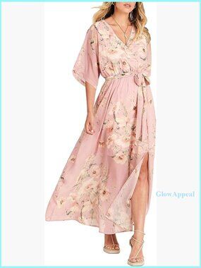 Floral Wrap V-Neck Maxi Dress with Slit, Lined, Boho Style for Beach Wedding